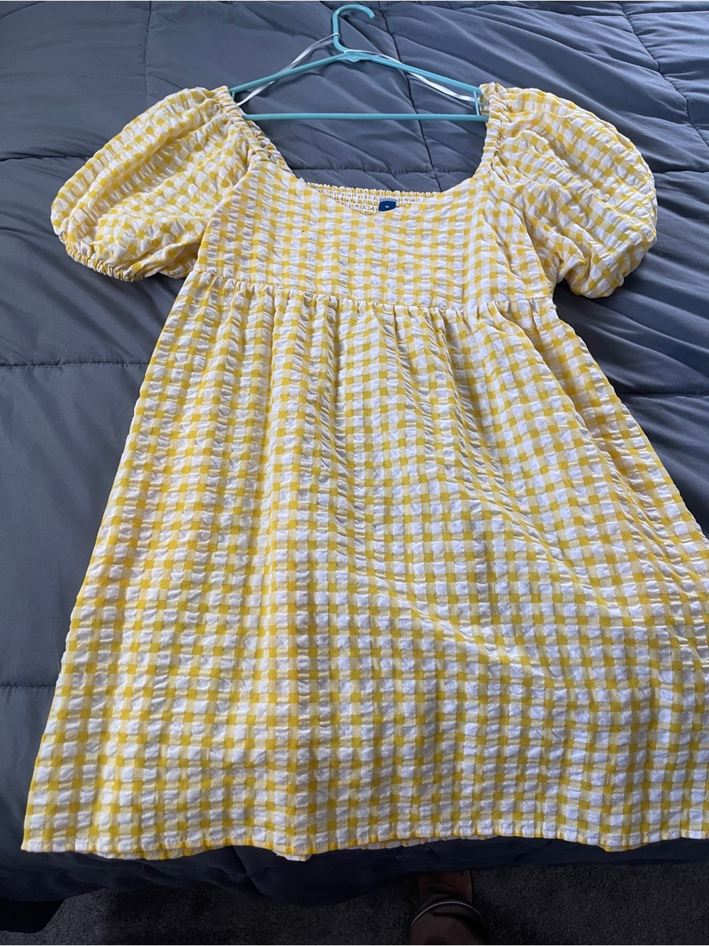 Old Navy Yellow and White Gingham Puff-Sleeve Dress